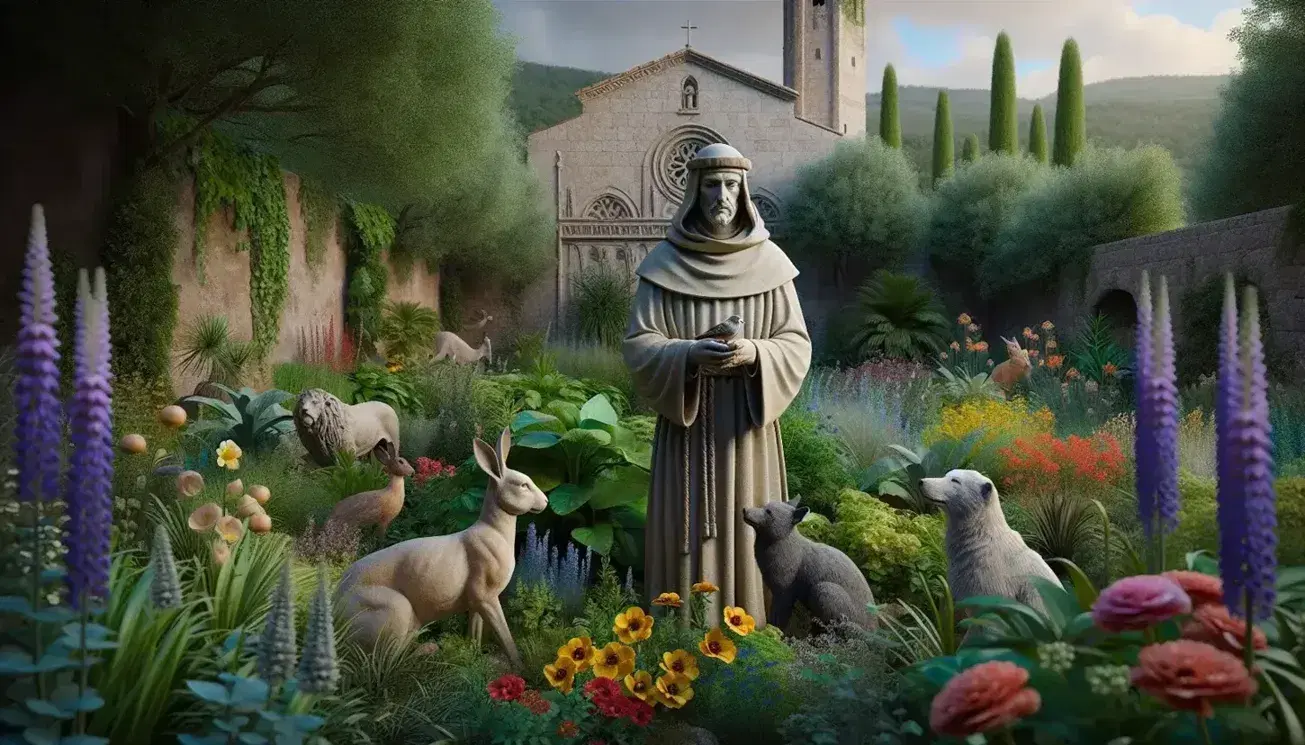 Statua di San Francesco d'Assisi in giardino con animali e fiori colorati, sfondo di chiesa medievale e cielo azzurro.