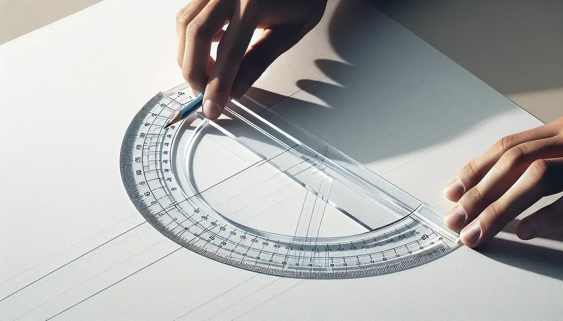 Hands holding a transparent blue-tinted protractor over a white paper with a pencil line connecting two points, no visible numbers or text.