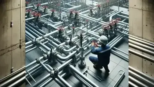 Técnico ajustando válvulas de red de tuberías metálicas con manijas rojas en instalación industrial, fondo de pared de concreto.