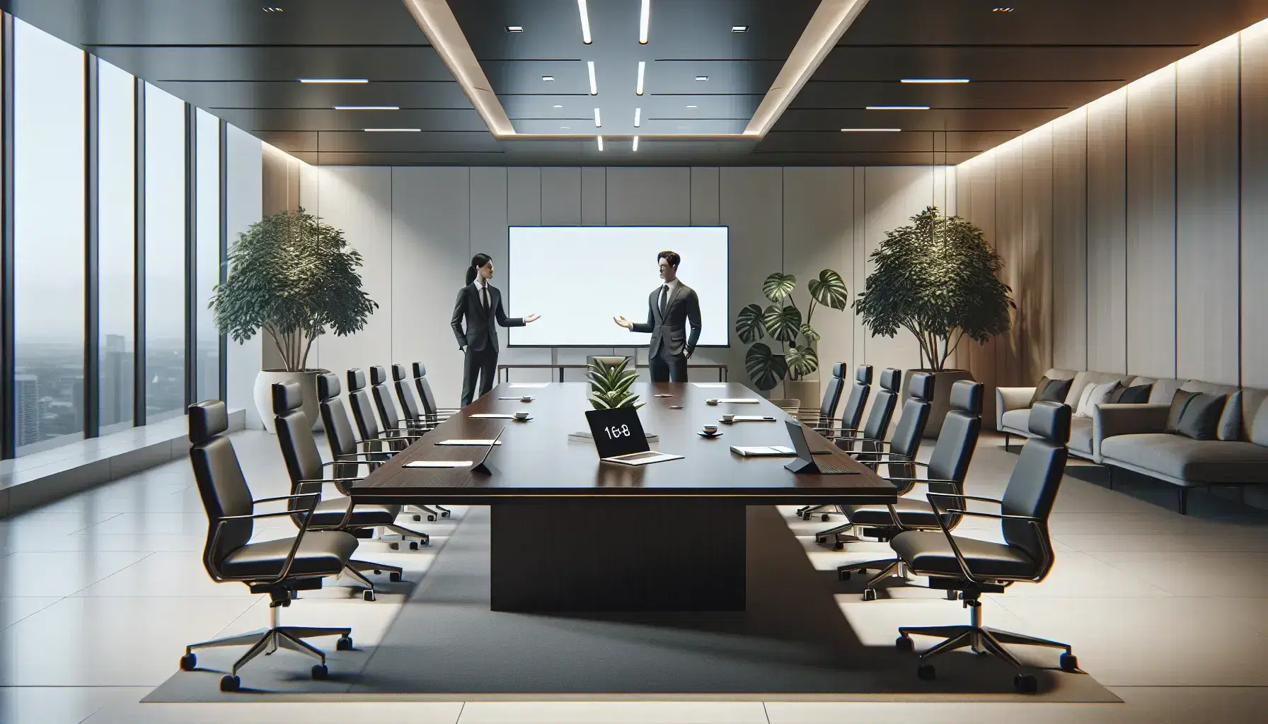 Sala de reuniones corporativa con mesa de madera, sillas ergonómicas negras, dispositivos electrónicos y dos profesionales interactuando.