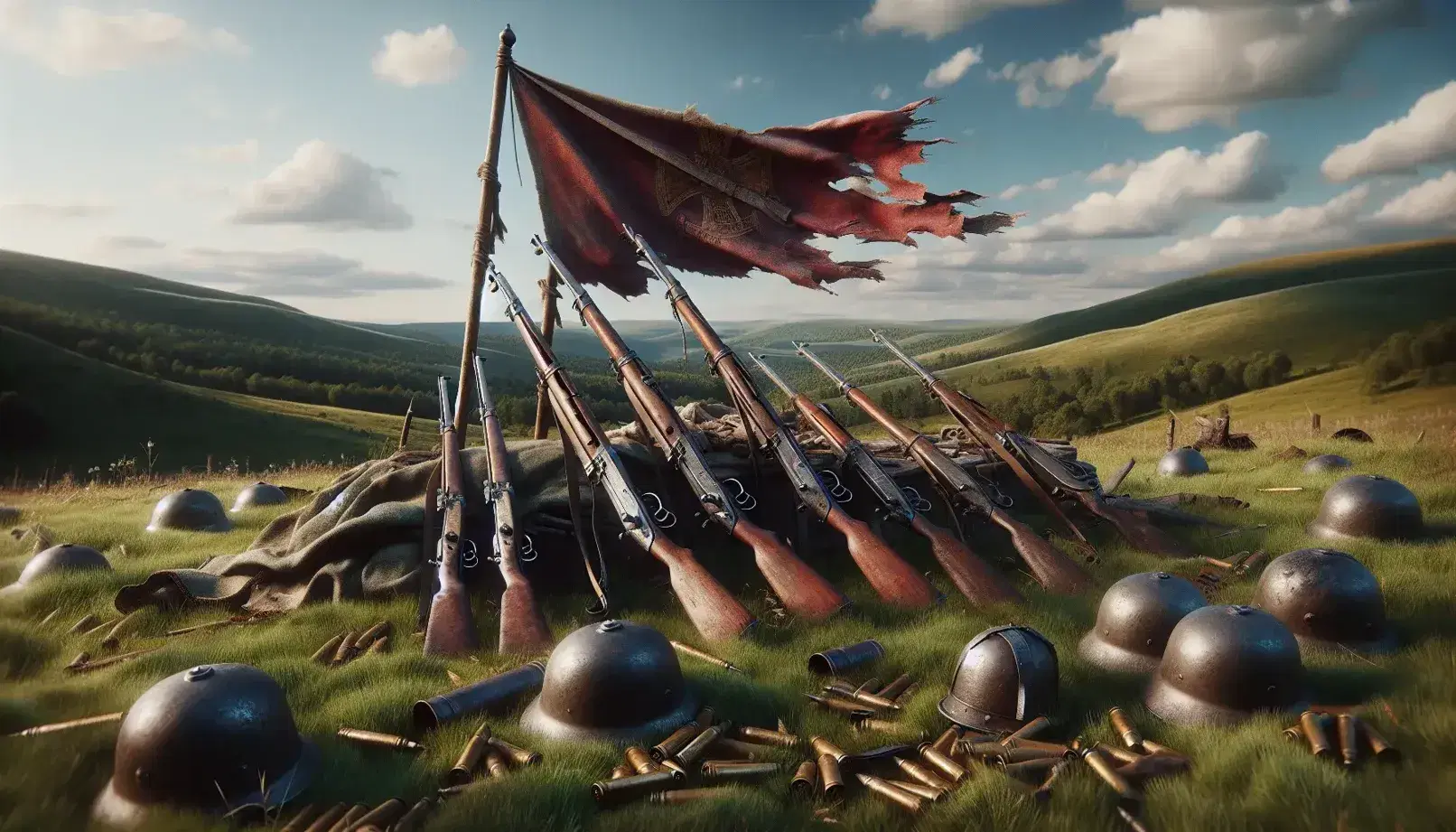 Campo de batalla histórico con fusiles antiguos, cascos abollados y bandera desgarrada en un paisaje de colinas verdes bajo cielo azul.