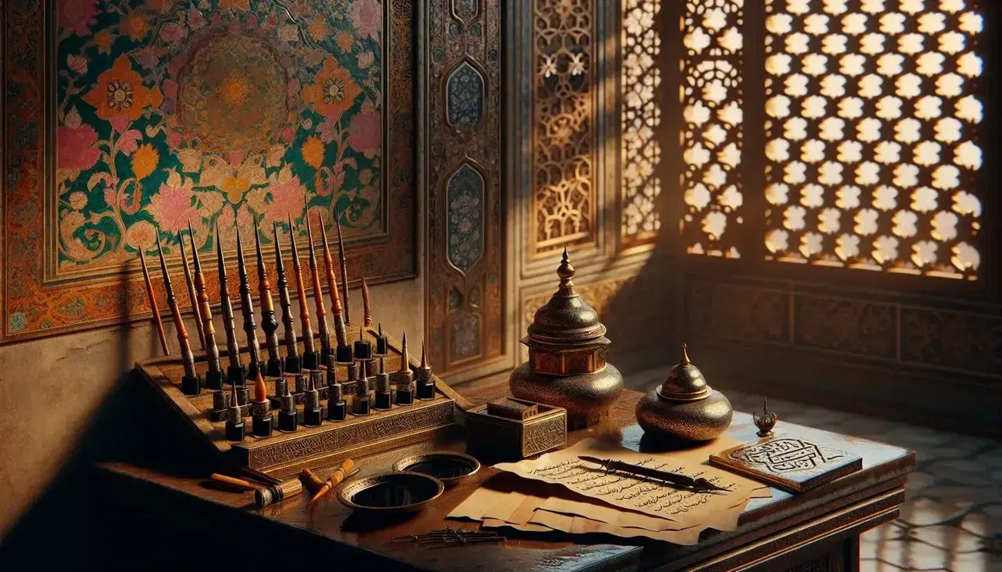 Traditional Mughal artist's workspace with calligraphy tools on a wooden desk, intricate room decor, and framed artworks in the background.