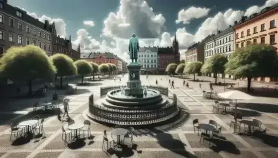 Piazza tranquilla con statua bronzea, fontana in pietra, sedie metalliche vuote e alberi verdi sotto cielo azzurro con nuvole.