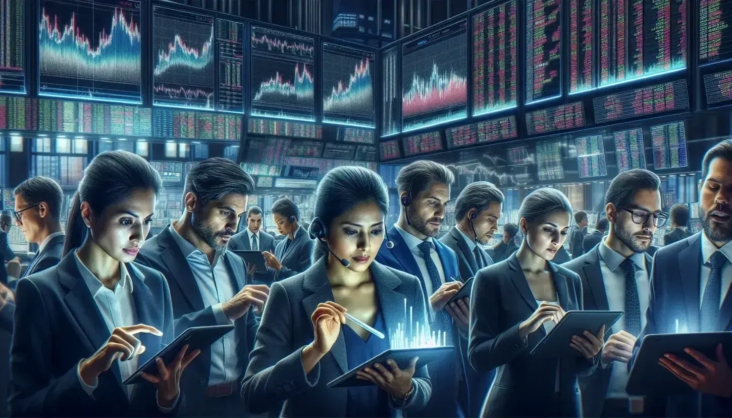 Diverse stock traders actively engage on a busy exchange floor, using devices and gesturing, with digital financial charts in the background.