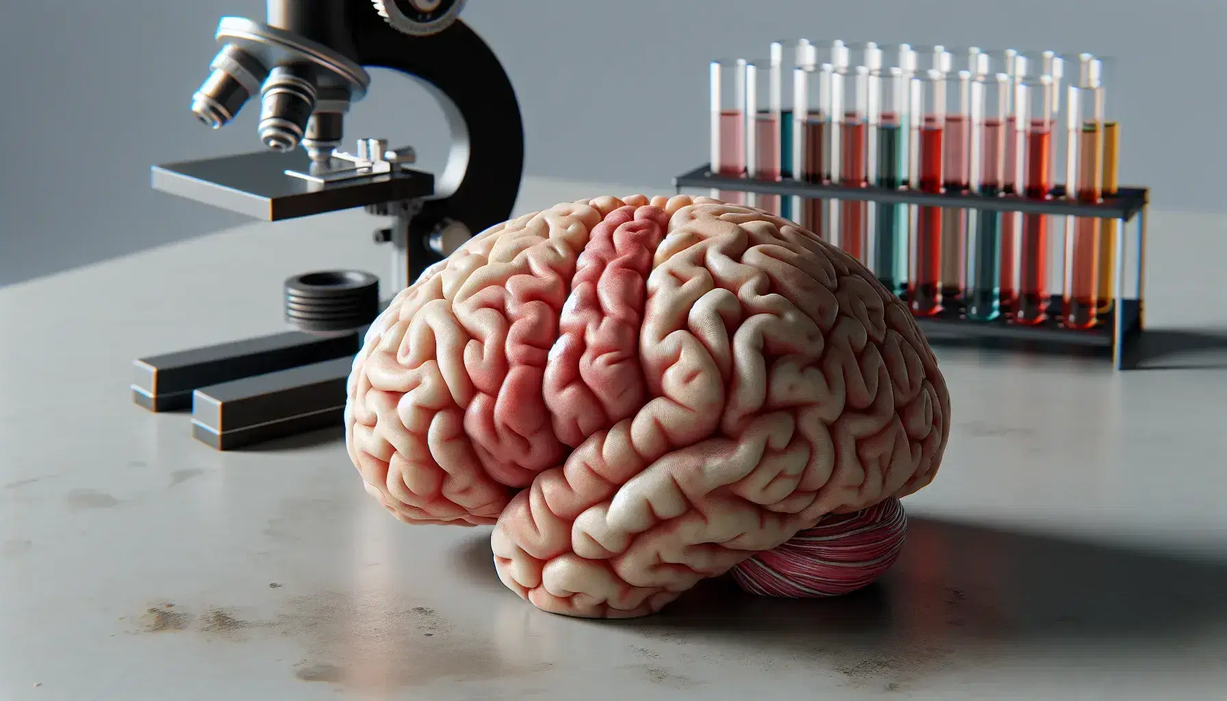 Modelo detallado de cerebro humano en un laboratorio con tubos de ensayo y microscopio, resaltando las regiones y surcos cerebrales para fines educativos.