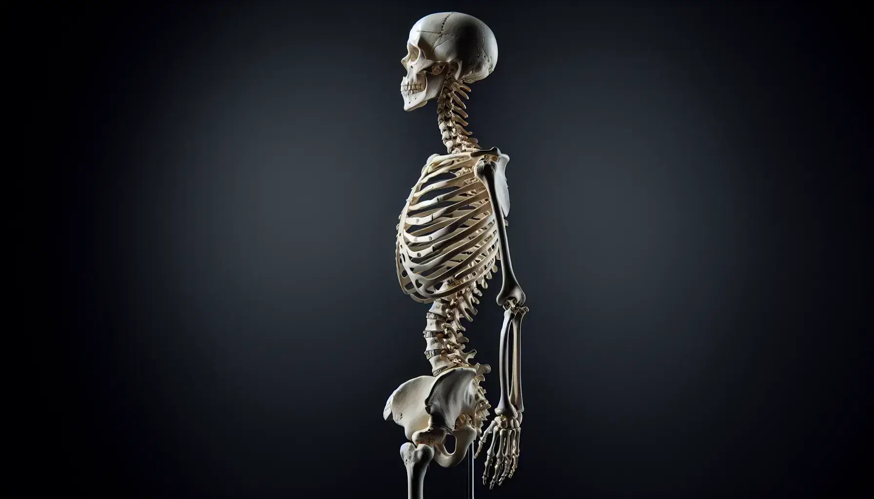 Esqueleto humano a tamaño real de pie mostrando la columna vertebral y la caja torácica, con curvaturas naturales y pelvis ósea, sobre fondo neutro.