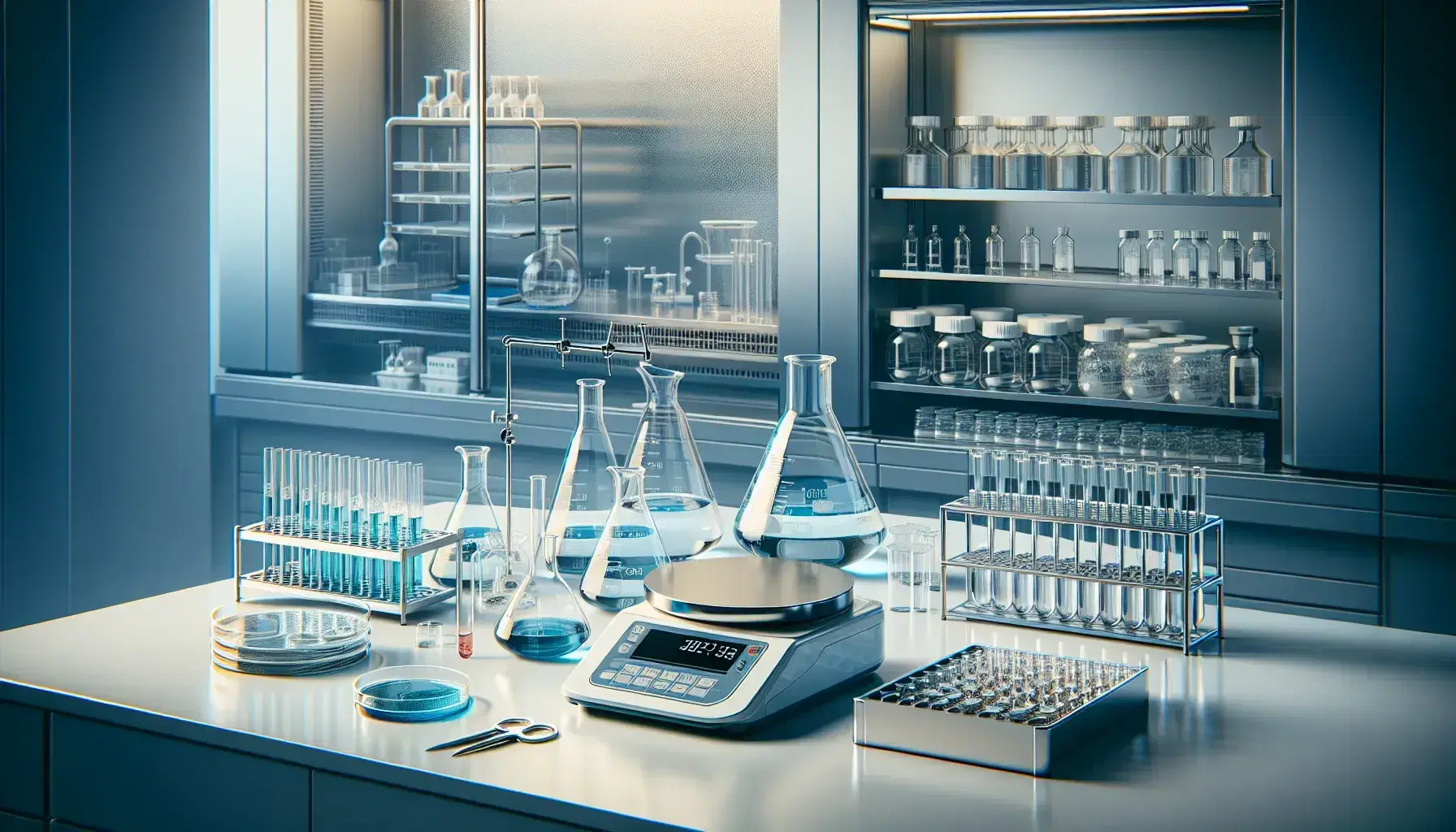 Scientific laboratory with workbench, glassware such as beakers, test tubes and bottles with colored liquids, digital scale and laminar flow hood.