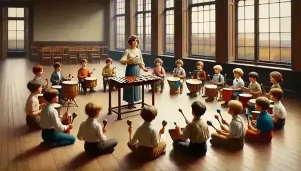 Niños y niñas participando en clase de música con instrumentos como xylofonos, tambores y maracas, dirigidos por una profesora en un aula iluminada.