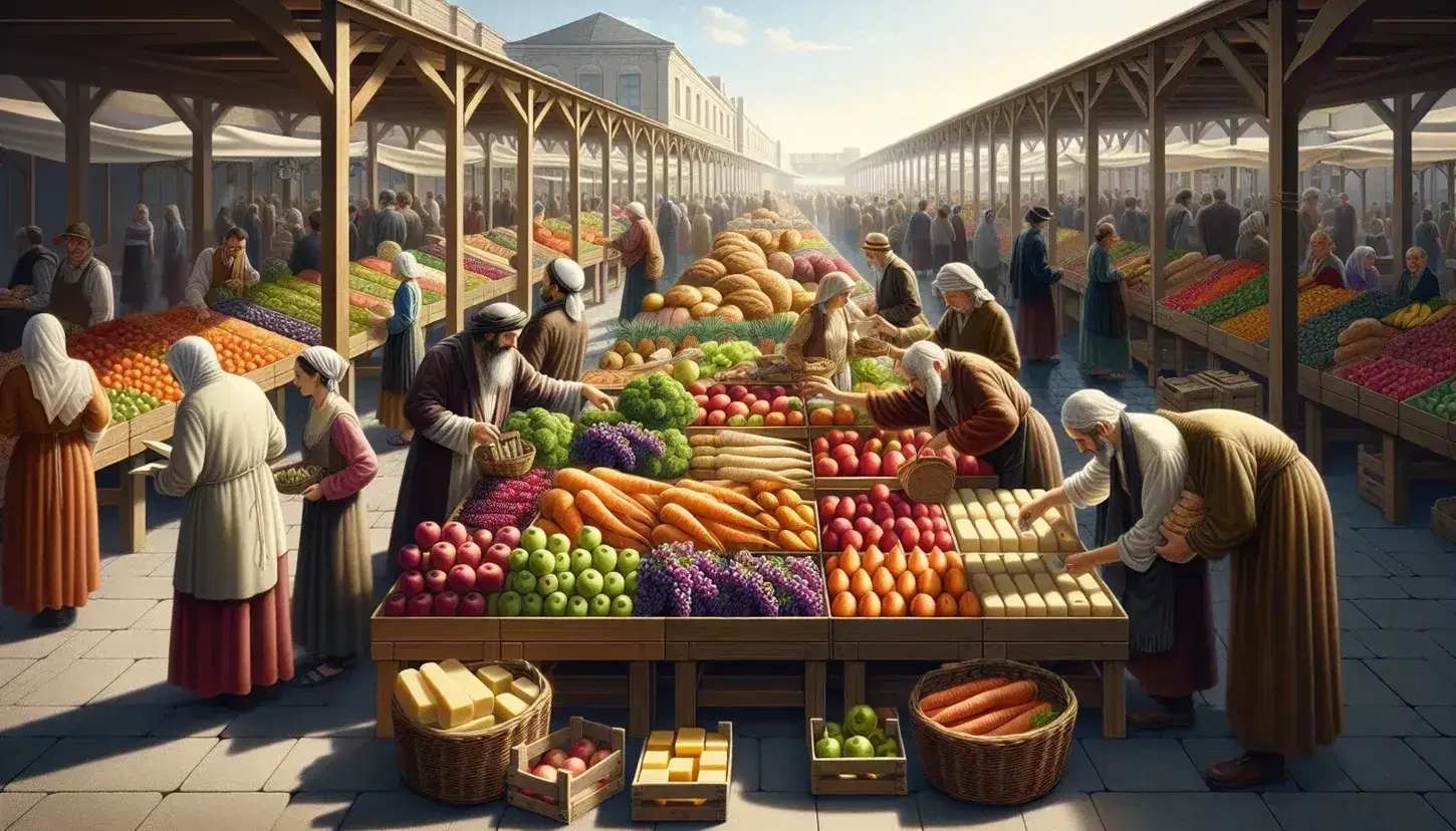 Mercado al aire libre con puestos de madera vendiendo frutas, verduras, panes y quesos bajo un cielo azul despejado.