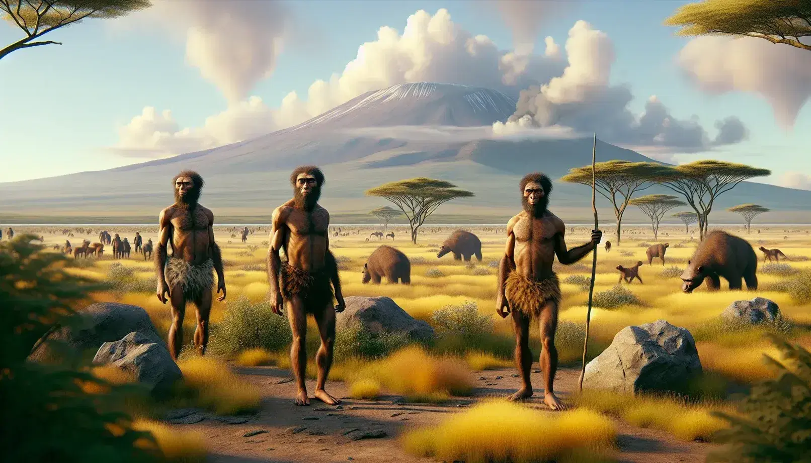 Recreación de paisaje prehistórico con tres Homo erectus en primer plano, vestidos con pieles y uno con lanza, frente a una sabana con árboles y volcán humeante al fondo.