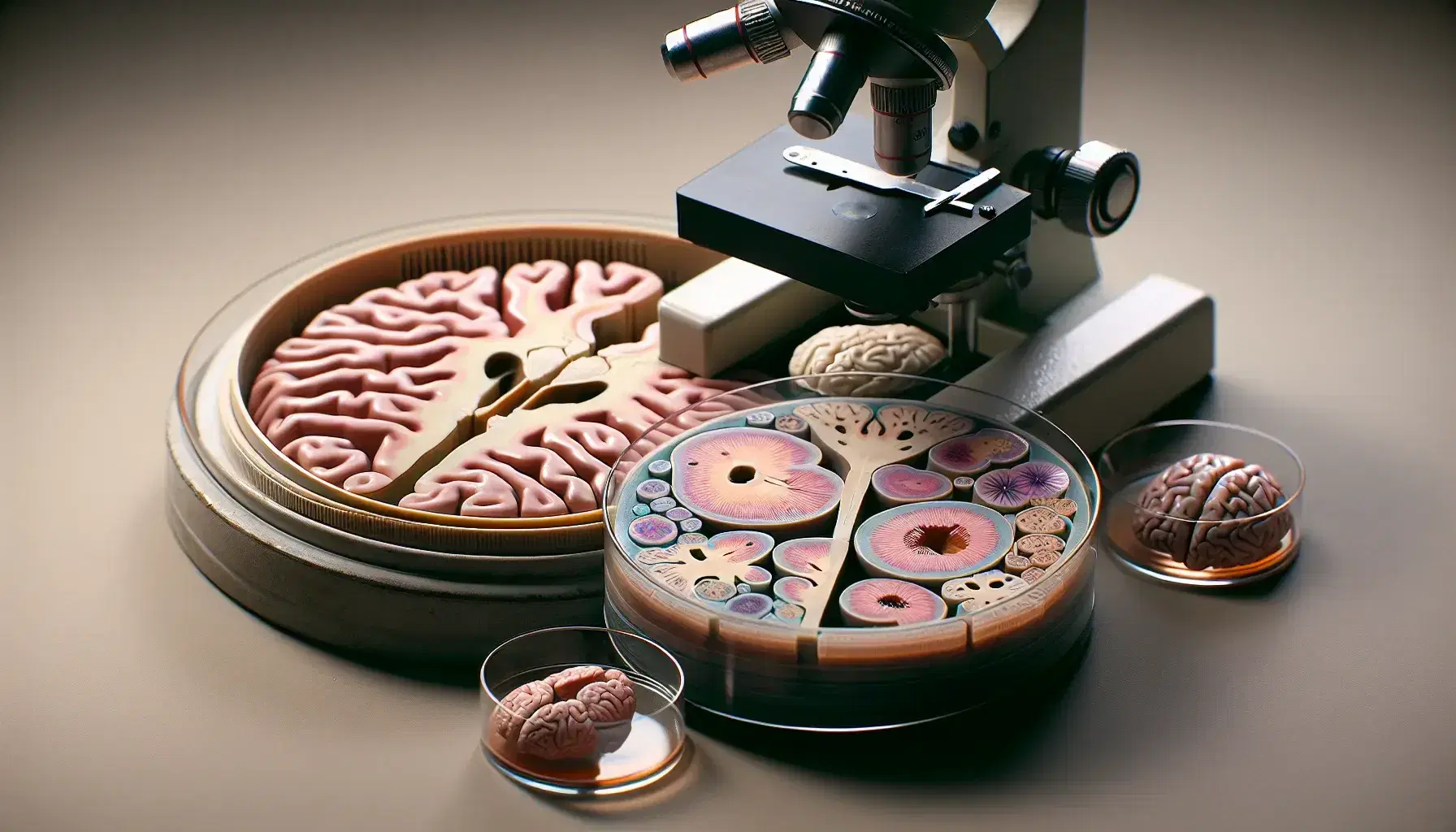 Sectioned human brain model with cerebral cortex and internal structures visible, next to test tubes with tissue samples for microscopic analysis.