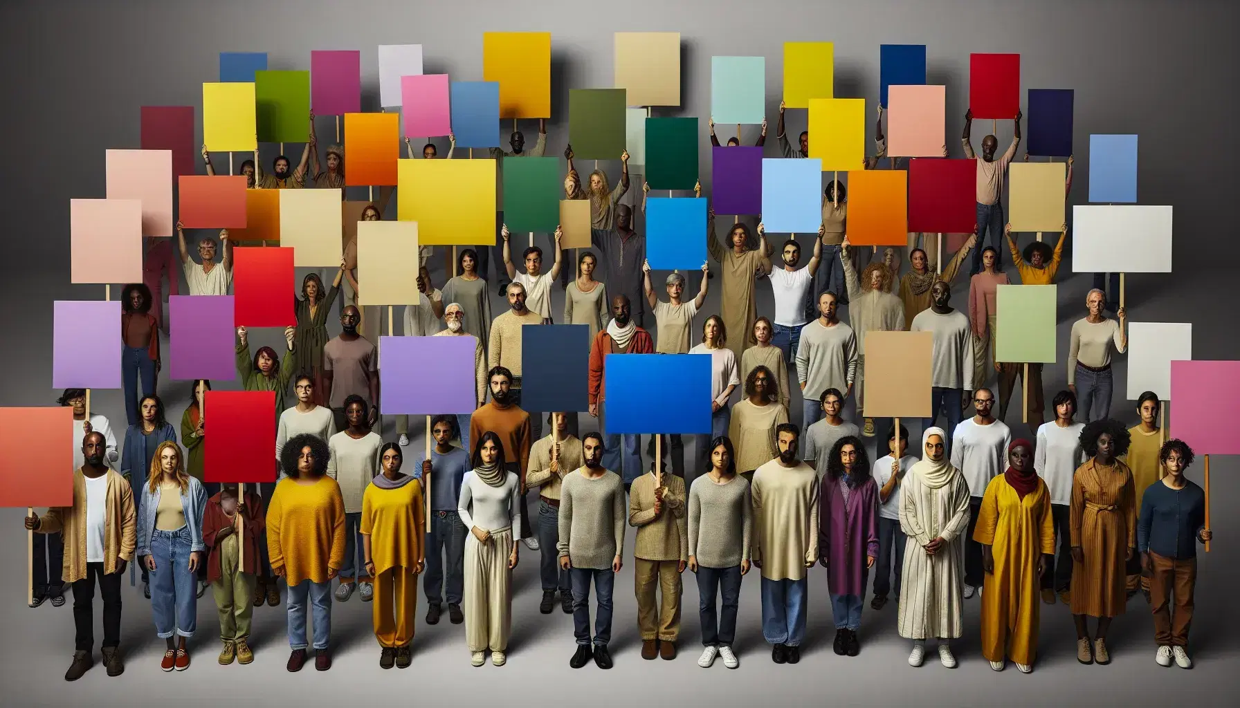 Diverse group holding blank colored placards in a rainbow sequence, representing inclusivity and unity, against a light gray background.