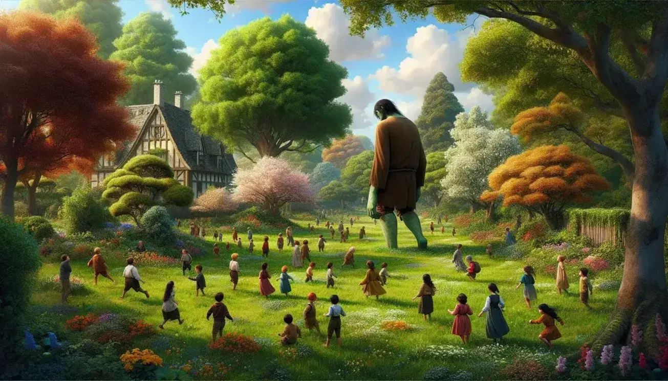 Jardín exuberante con gigante de espaldas en tonos tierra extendiendo mano a niños juguetones, árboles frondosos, flores coloridas y casa antigua al fondo bajo cielo azul.