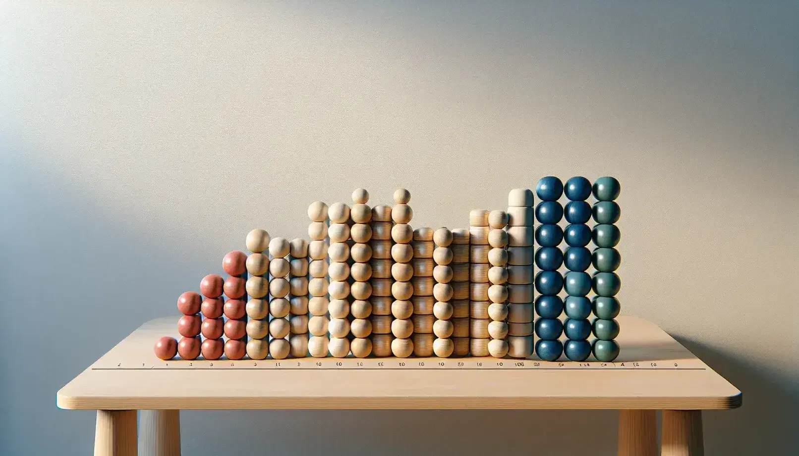 Palline di legno colorate in ordine crescente di grandezza su tavolo chiaro, con una grande rossa, dieci medie blu e cento piccole verdi.
