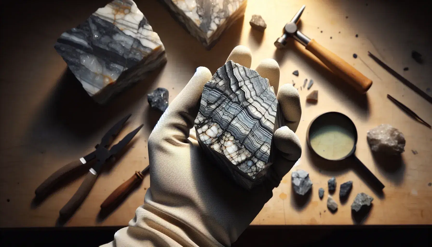 Mano enguantada sosteniendo una roca metamórfica foliada con capas de minerales alineados en tonos grises, negros y blancos, sobre fondo desenfocado con herramientas geológicas.