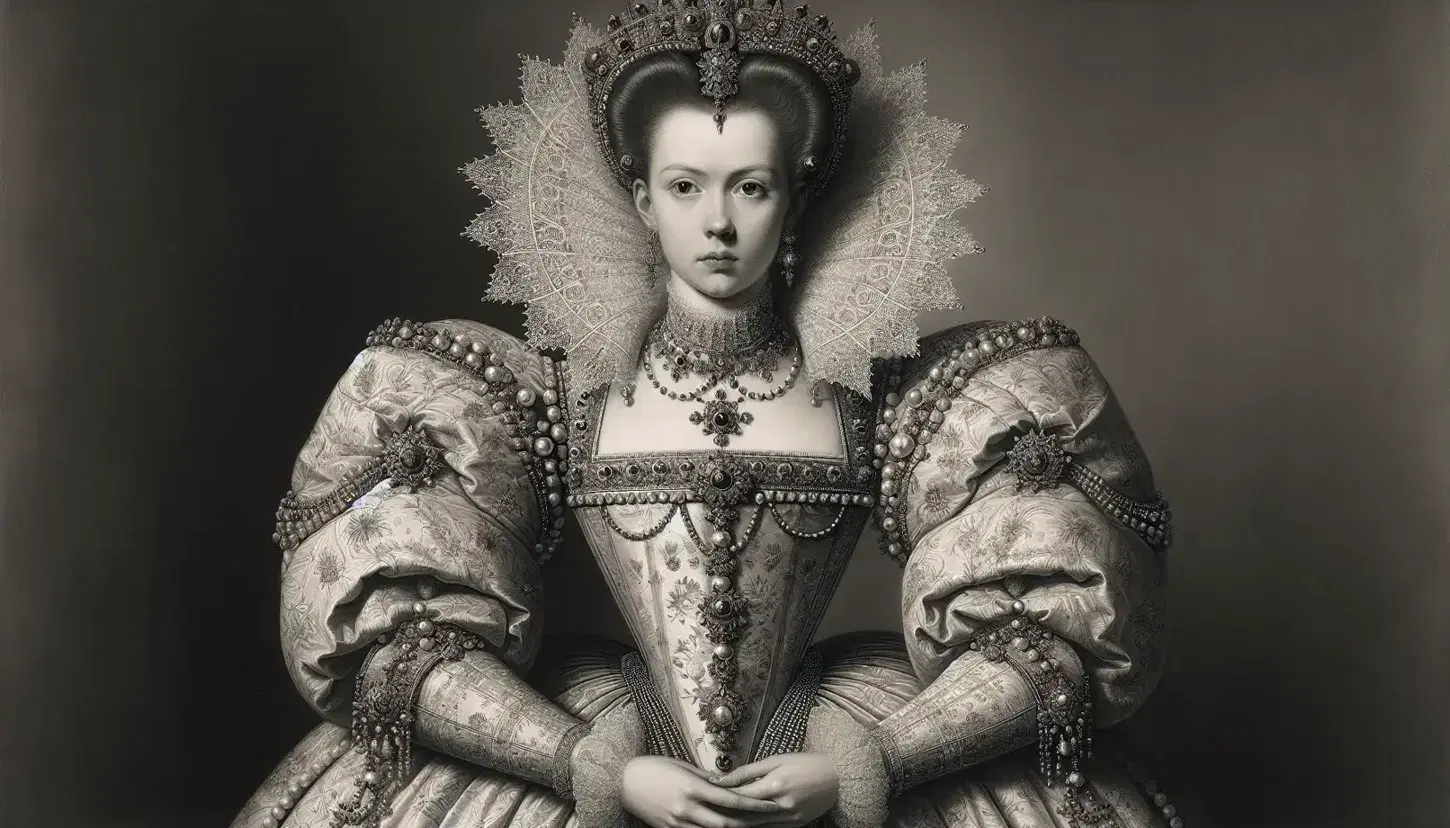 Ritratto di donna in abito elisabettiano con corpetto rigido, ampia gonna, colletto in pizzo e copricapo gioiello.