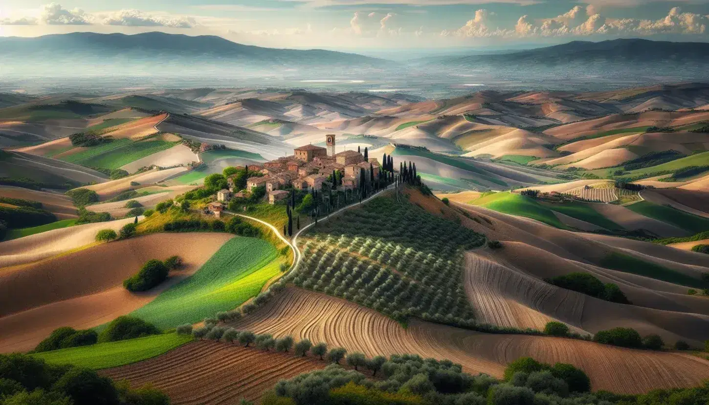 Paesaggio collinare delle Marche con campi verdi, borgo medievale in cima alla collina, mare all'orizzonte e turisti in cammino.