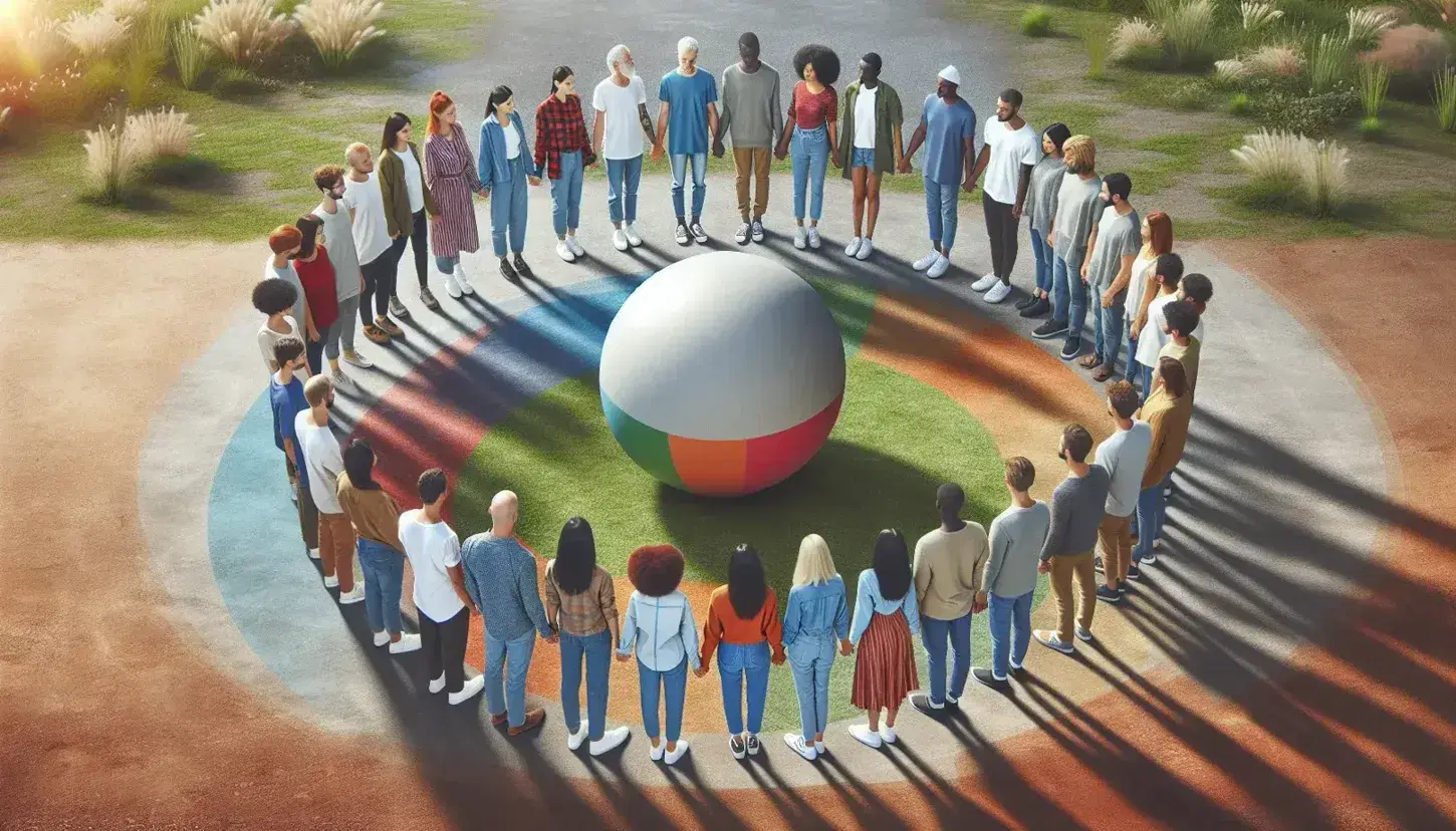 Grupo diverso de personas de distintas edades y etnias en círculo sosteniendo una esfera gris en un parque, simbolizando unidad y cooperación.