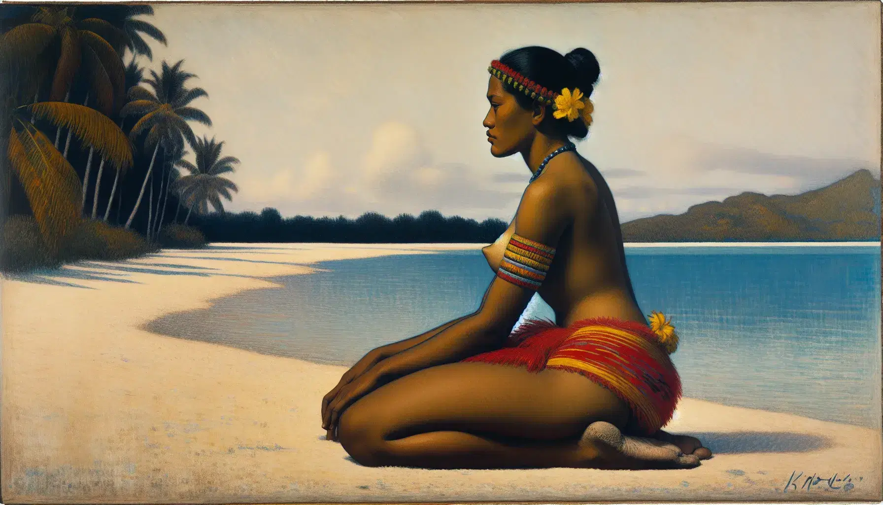 Donne tahitiane sedute sulla spiaggia in abiti tradizionali colorati, opera del 1891 di Paul Gauguin, con mare e cielo azzurro.