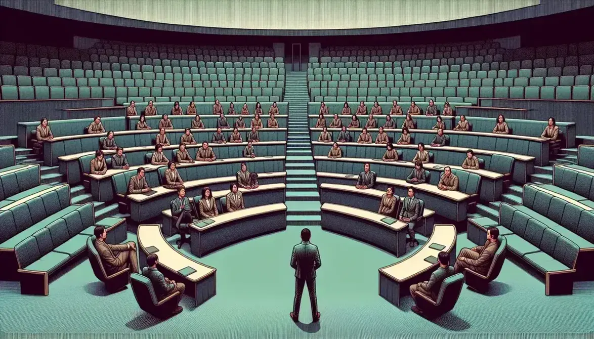 University classroom with tiered seating and attentive audience facing speaker in formal attire gesturing during a conference.