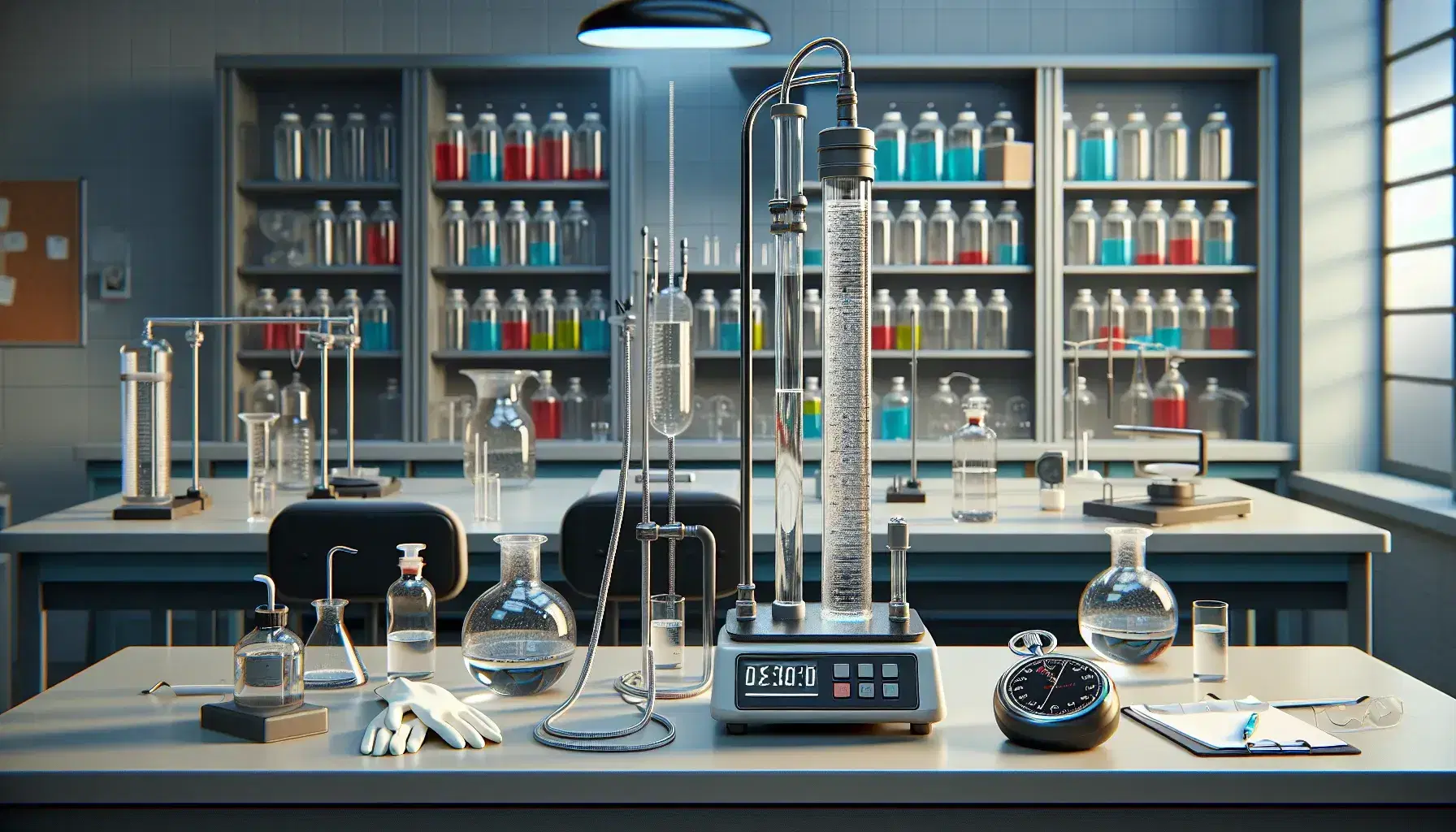 Laboratorio de física con experimento de fluidos, cronómetro digital, balanza apagada, guantes blancos y gafas de seguridad en mesa de trabajo.