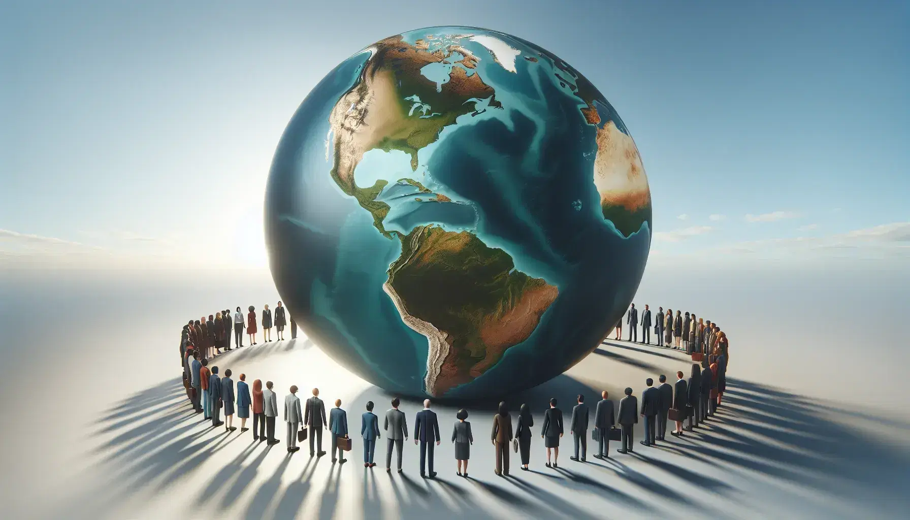 Globo terráqueo detallado rodeado por figuras tridimensionales de personas diversas en trajes de negocios extendiendo manos hacia el centro en un cielo despejado.