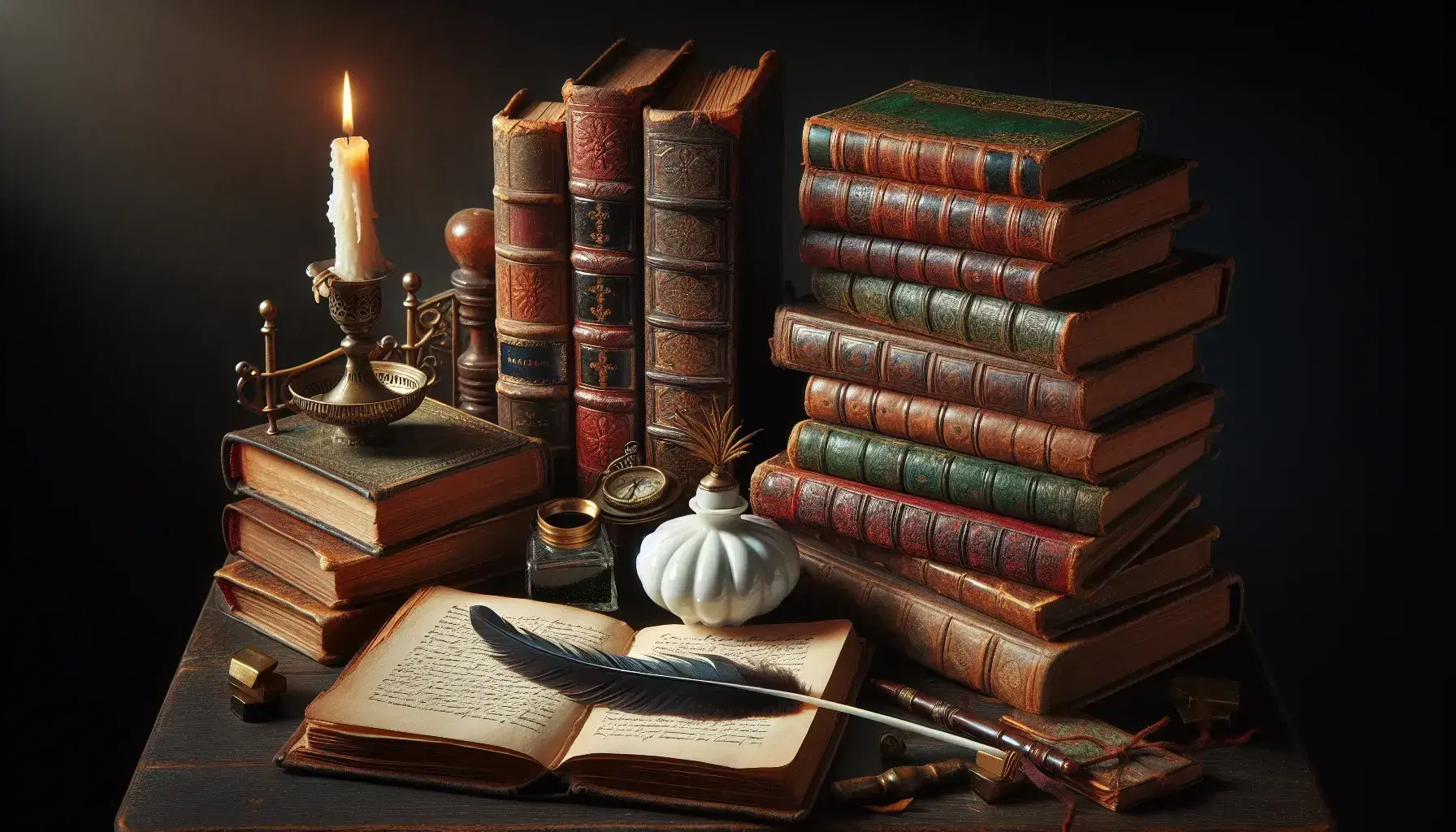 Libros antiguos apilados en mesa de madera oscura con tintero de porcelana, pluma de ave y vela encendida, evocando escritura clásica y ambiente acogedor.