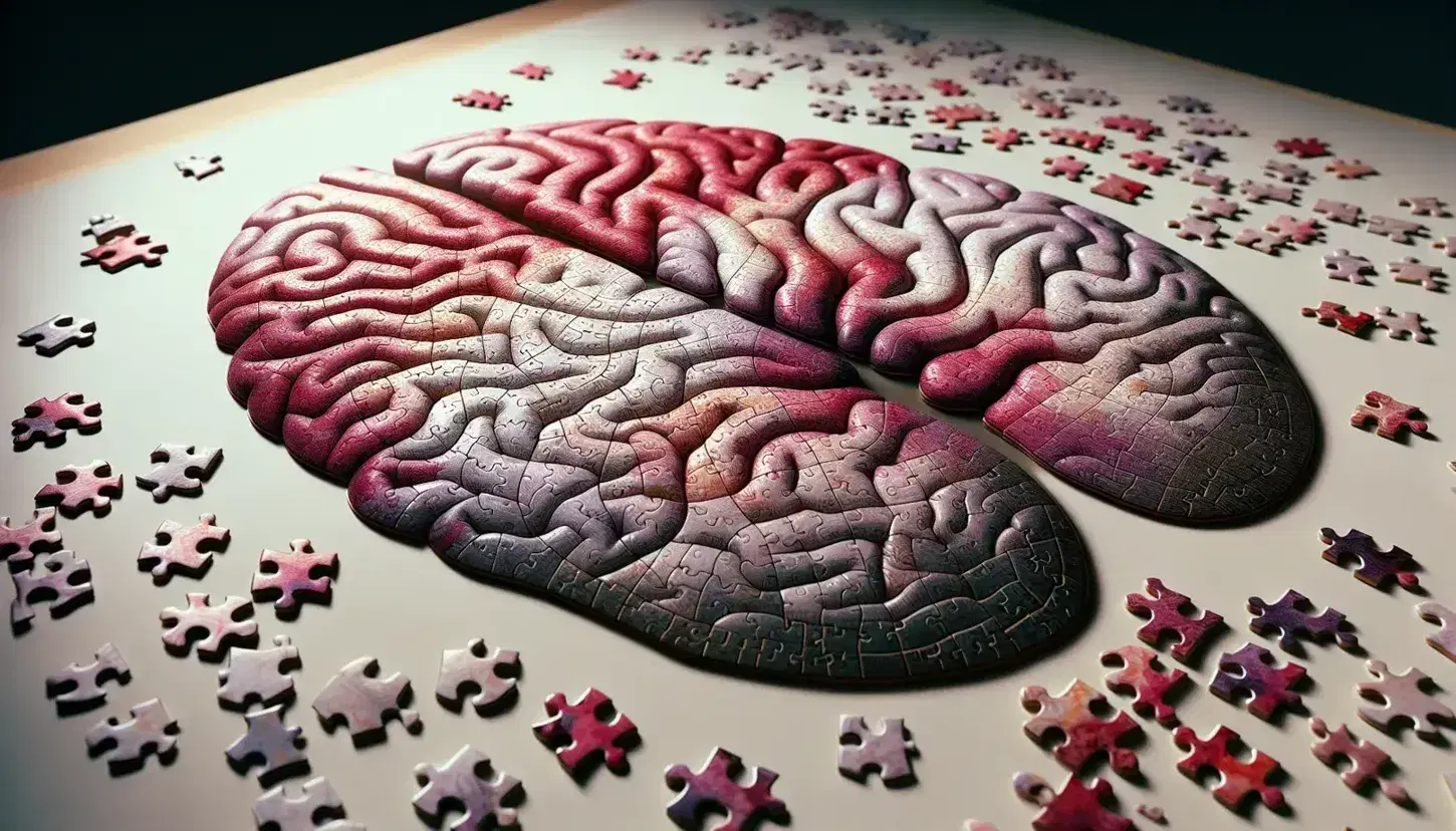 Primer plano de un rompecabezas con la imagen de un cerebro humano en tonos rosas y rojos sobre superficie clara, con piezas sueltas alrededor.