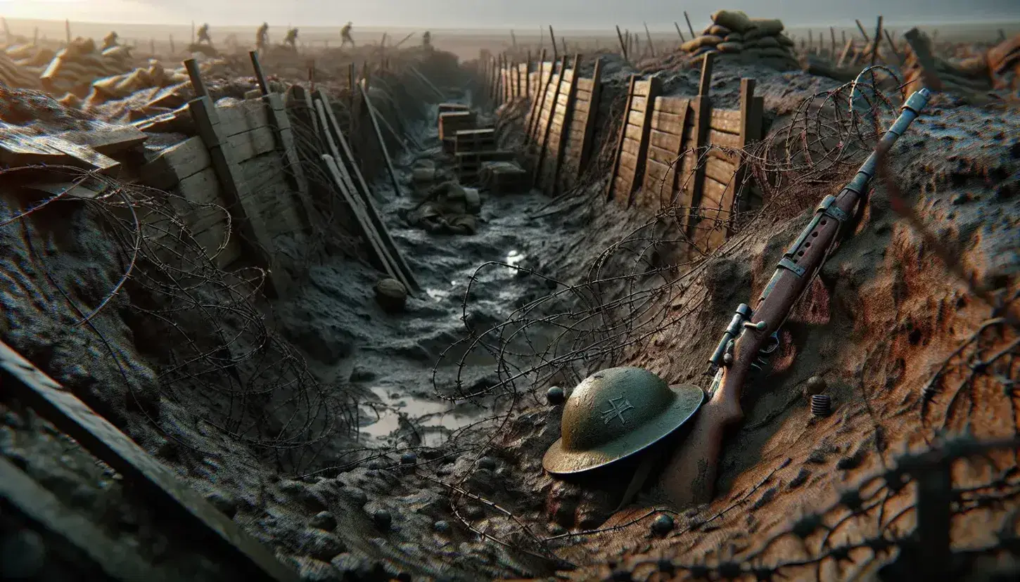 Campo di battaglia della Prima Guerra Mondiale con crateri, filo spinato arrugginito, elmetto militare e fucile vintage parzialmente sepolti nel fango.