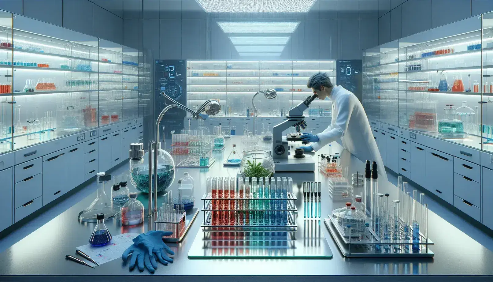 Laboratorio di ricerca moderno con strumenti scientifici, microscopio, viali colorati e ricercatore in camice che analizza una petri dish.