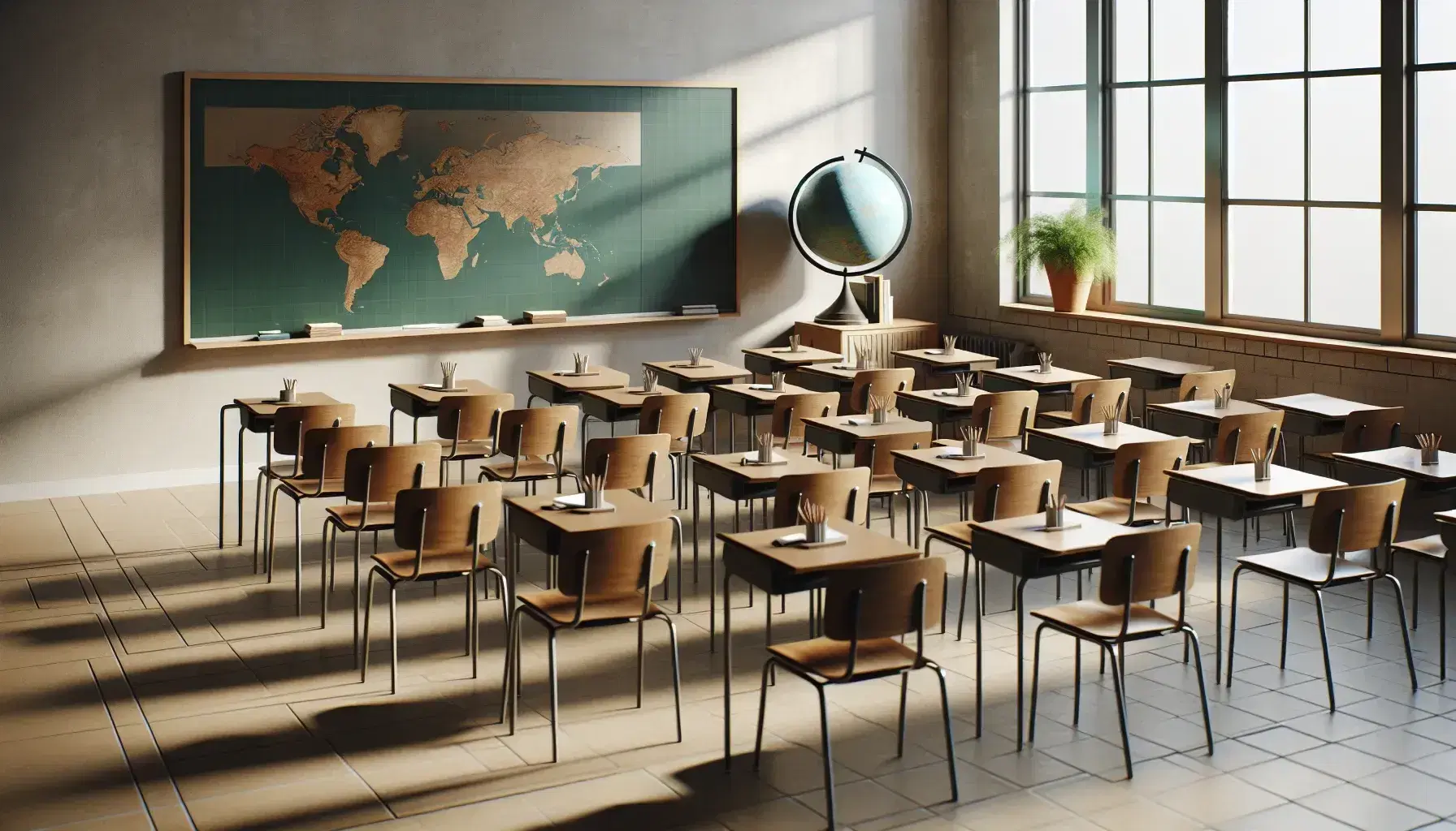 Aula vacía con filas de pupitres de madera y sillas metálicas, pizarra verde al frente, estante con tiza, borrador y globo terráqueo, ventanas que iluminan y planta en una esquina.