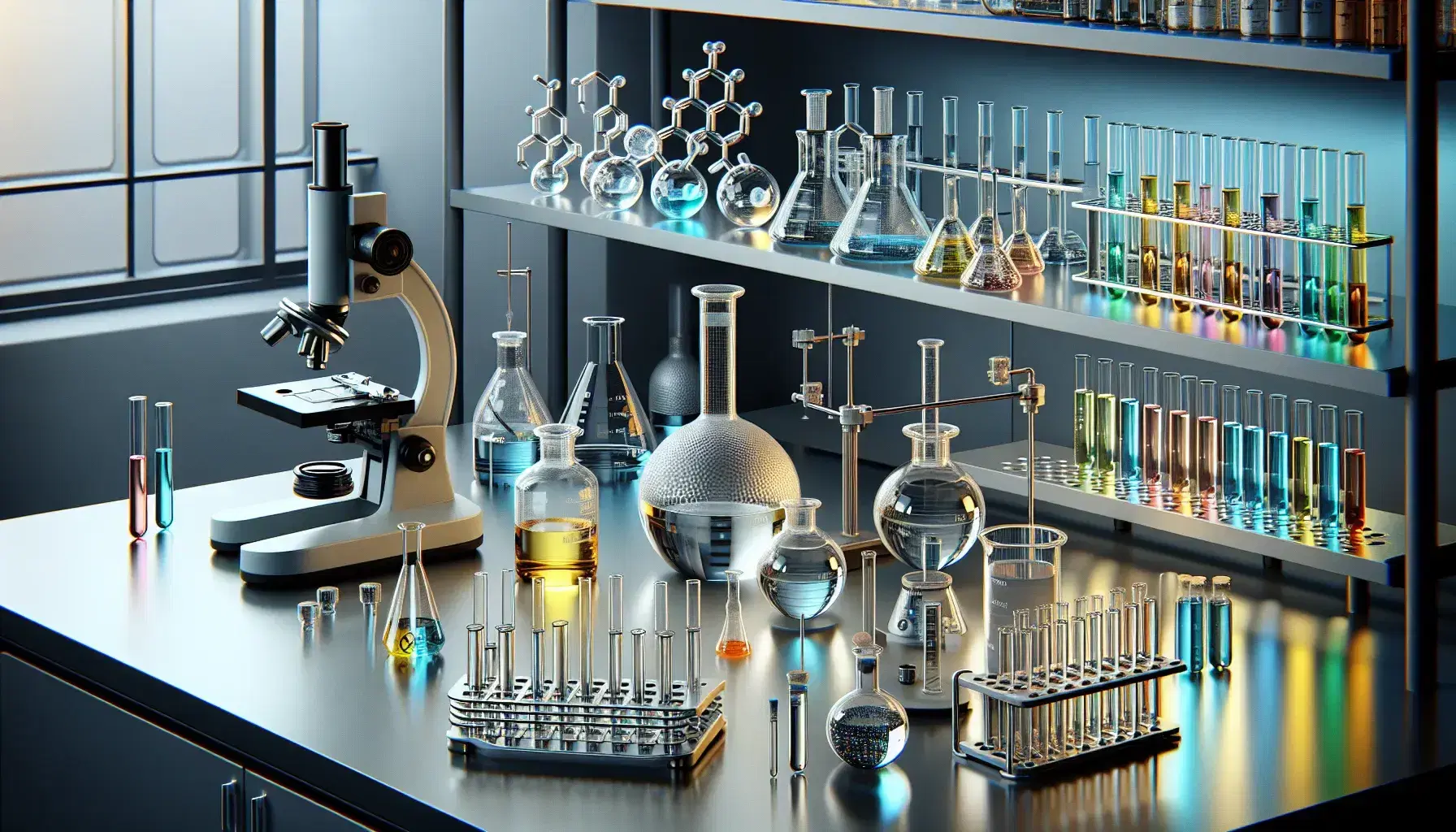 Laboratorio chimico moderno con tavolo da lavoro, becher con liquidi, provette colorate, bruciatore Bunsen acceso e microscopio.