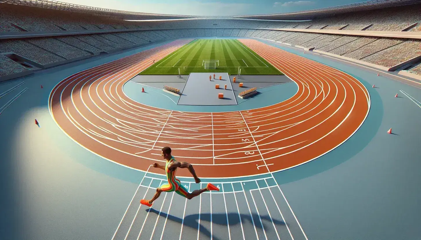 Atleta en plena carrera sobre pista de atletismo rojiza con líneas blancas, rodeada de césped verde y gradas vacías en el fondo bajo un cielo azul despejado.