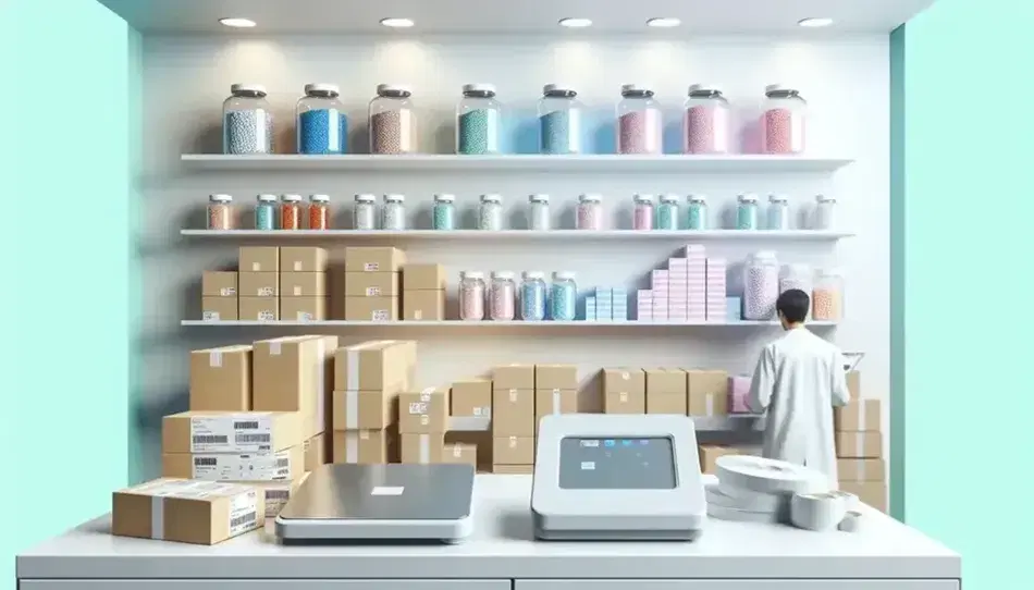 Estante de farmacia ordenado con frascos de tapas de colores y cajas de medicamentos, balanza digital y dispensador de etiquetas sobre mesa, farmacéutico con tablet al fondo.