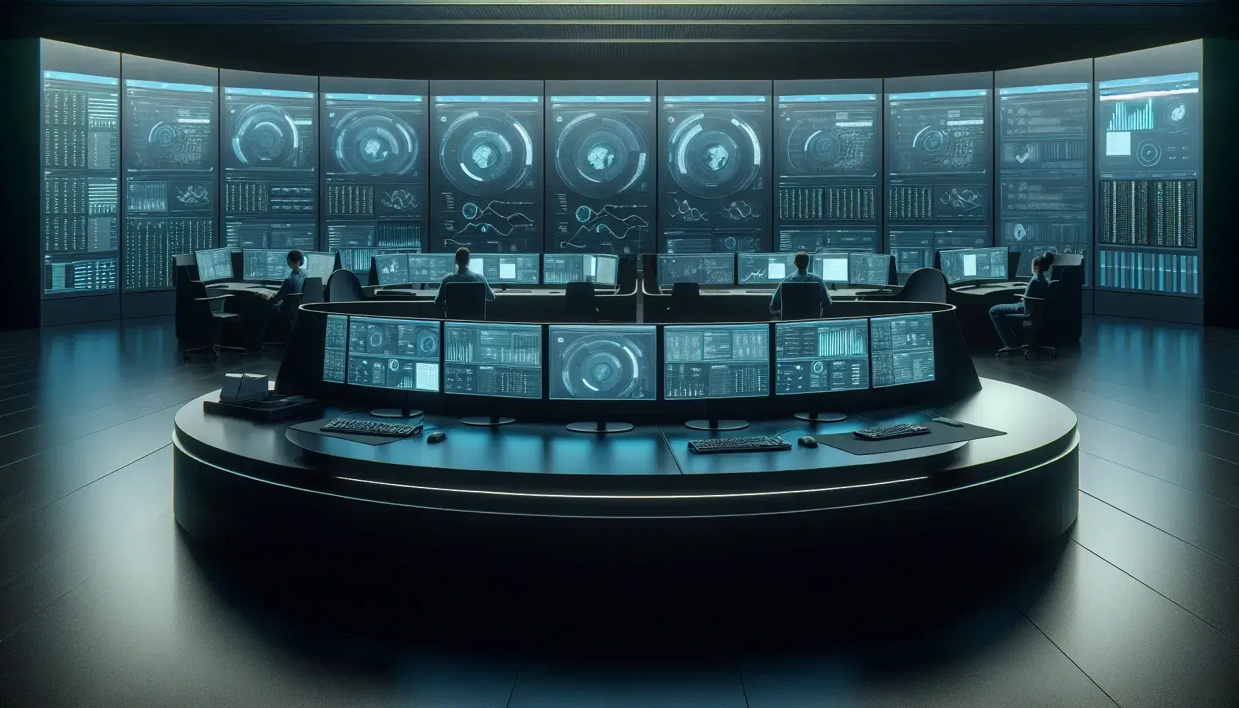 Network operations center with operators concentrated on monitors, video wall with dynamic graphics, soft blue and white lighting, technological environment.