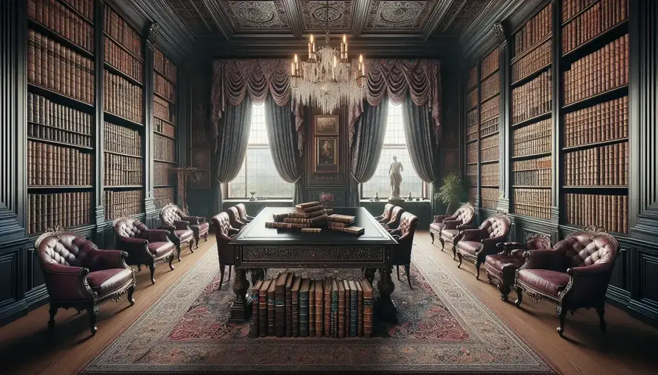 Sala lettura vintage con pareti in legno scuro, tavolo centrale, sedie in velluto bordeaux, libri antichi, libreria colma, lampadario di cristallo e tappeto persiano.