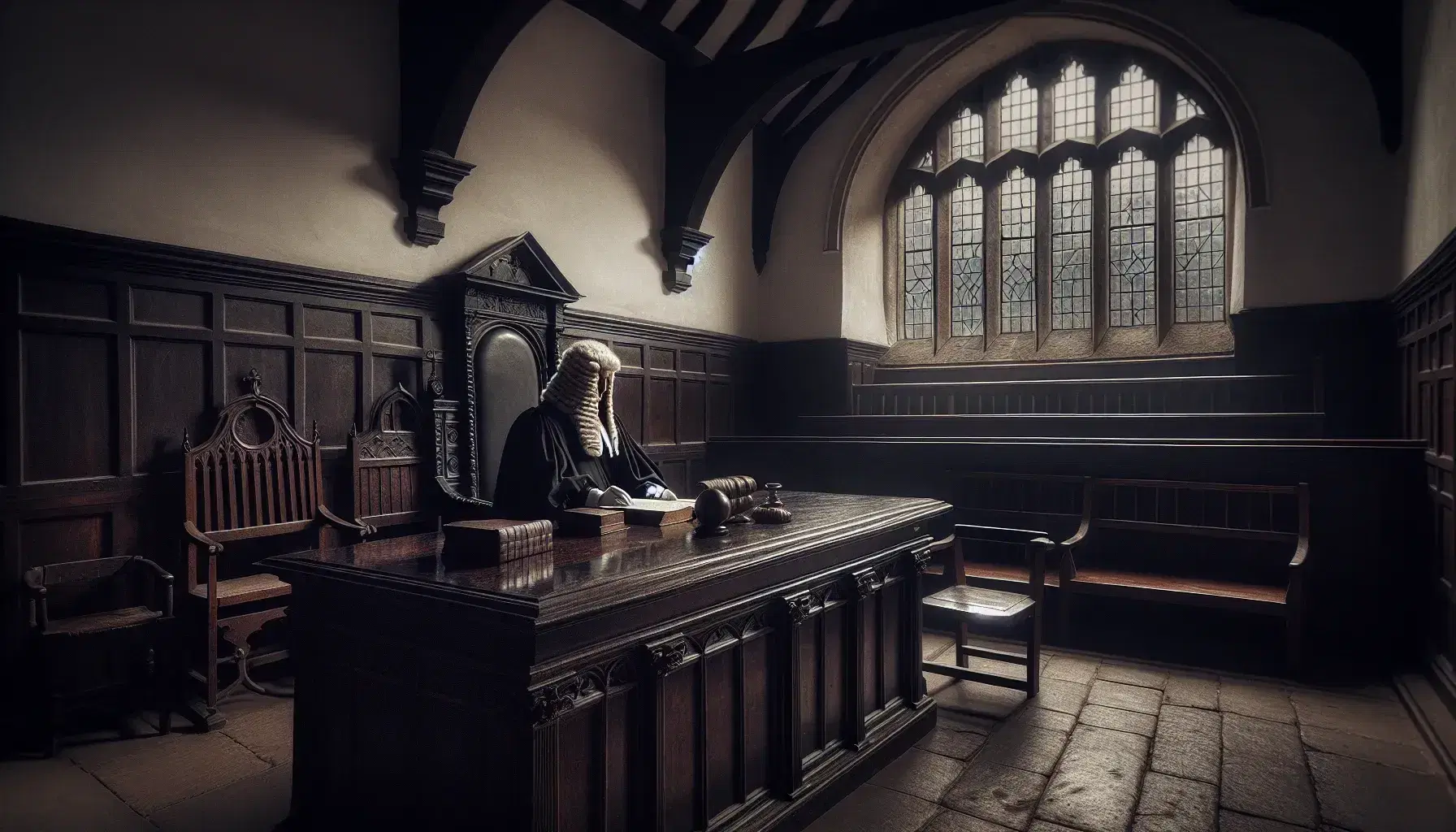 Interno storico di un'aula giudiziaria inglese con scrivania in legno scuro, giudice in parrucca e toga, sedie per avvocati e panche per il pubblico, finestra ad arco e camino acceso.