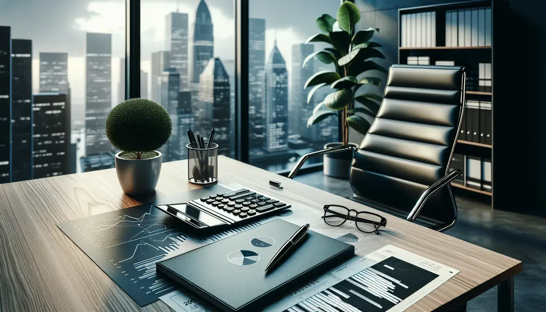 Mesa de oficina moderna con calculadora, gráficos, planta verde y silla ergonómica, junto a ventana con vista a edificios, ambiente de trabajo financiero.