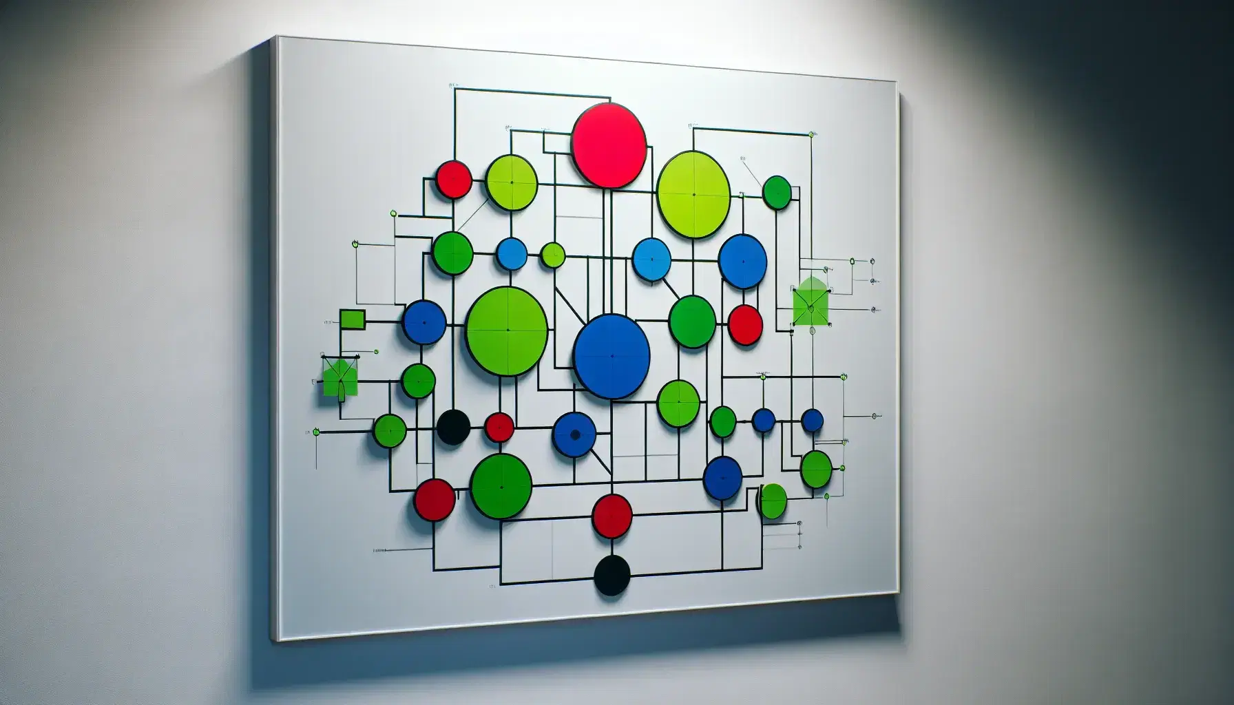 Pizarra blanca con figuras geométricas de colores en estructura de árbol conectadas por líneas negras, sin reflejos ni sombras, en pared clara.