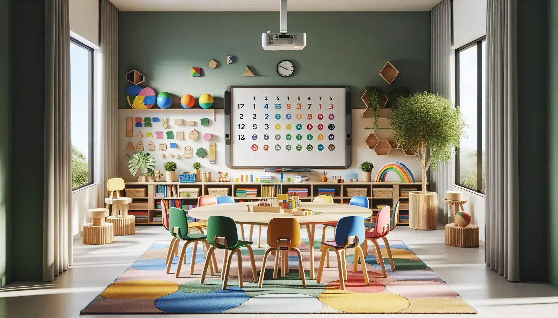 Aula scolastica colorata con tavolo ovale, sedie ergonomiche multicolore, materiali didattici, piante verdi, lavagna bianca, proiettore e libreria.
