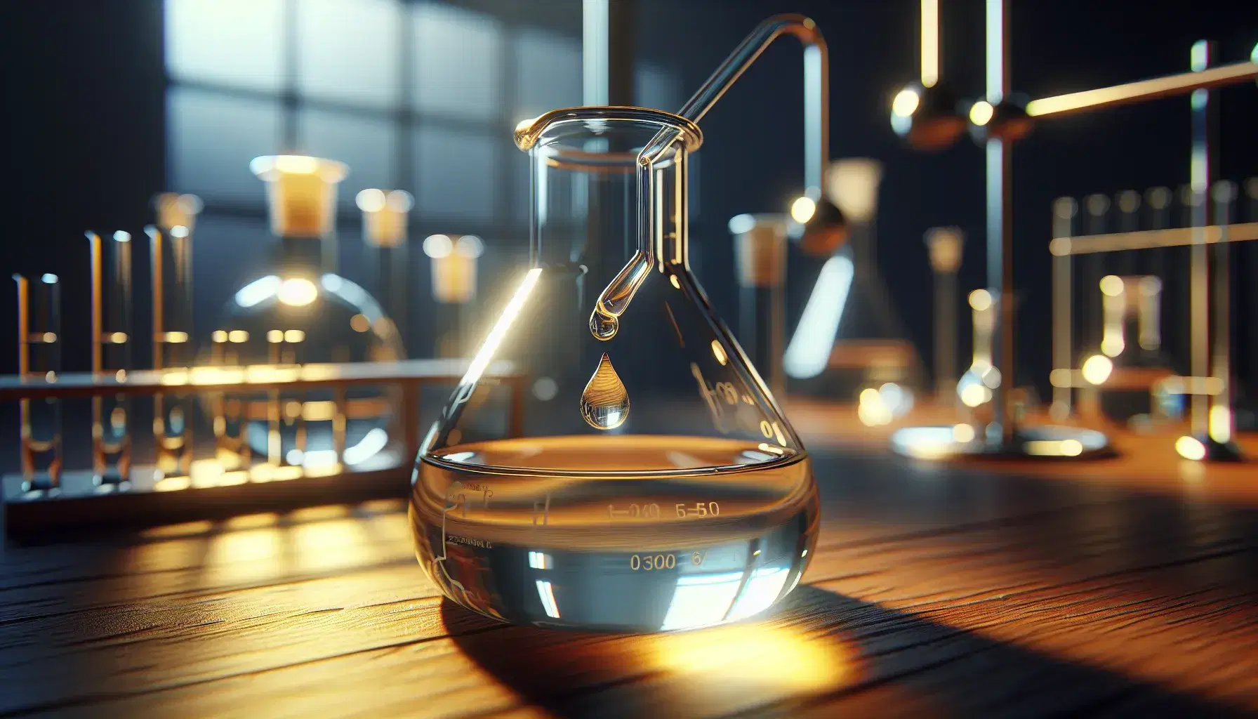Glass vial on laboratory bench with pale yellow liquid, dropper above ready to release a drop, blurred background with laboratory glassware.