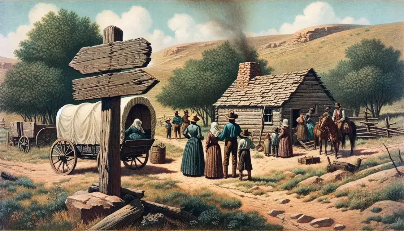 1850s American frontier scene with settlers by a covered wagon near a log cabin, signpost with blank boards, under a clear blue sky.