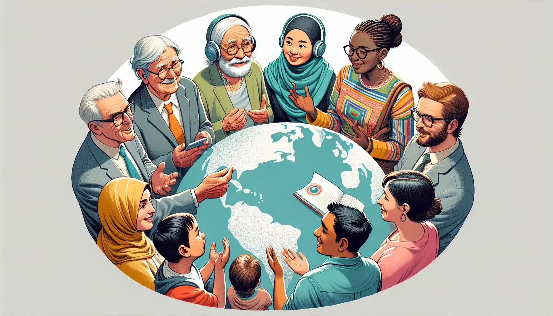 Diverse group of people engaging in conversation around a globe, symbolizing cultural unity and communication in a warm, inclusive setting.