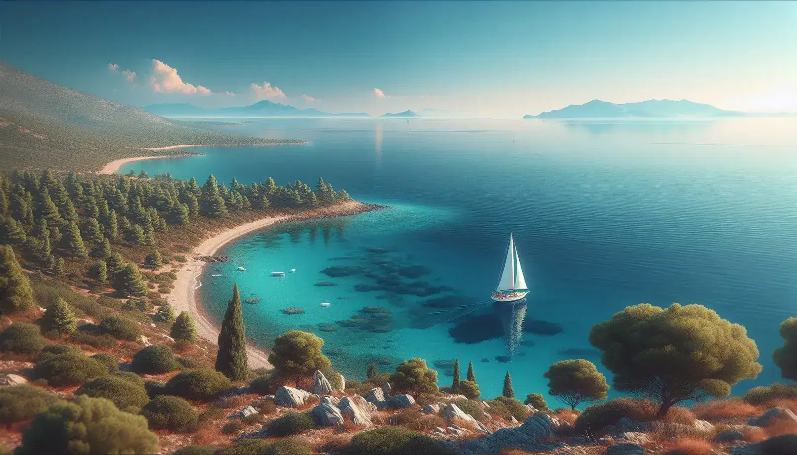 Vista panorámica del Mediterráneo con aguas cristalinas y un velero cerca de la costa bajo un cielo despejado, rodeado de vegetación costera.