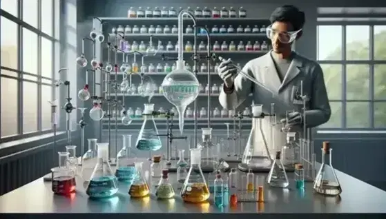 Laboratorio de química orgánica con matraces Erlenmeyer, un embudo de separación, un científico manipulando una pipeta y un mechero Bunsen en uso.