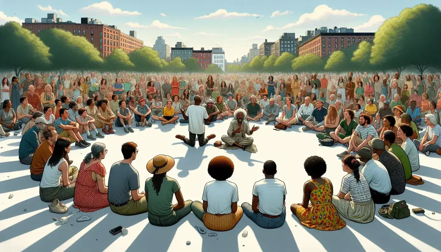 Grupo diverso de personas reunidas en círculo al aire libre en un entorno urbano, escuchando atentamente a un orador en el centro, durante el día.