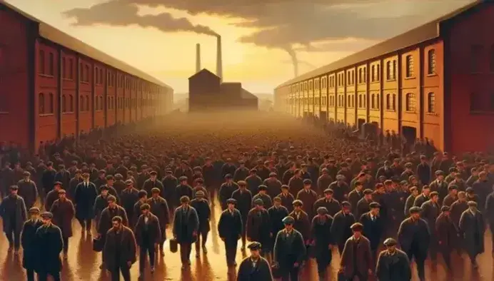 Operai in abiti da lavoro escono da fabbrica industriale in mattoni rossi al tramonto, con ciminiere sullo sfondo.