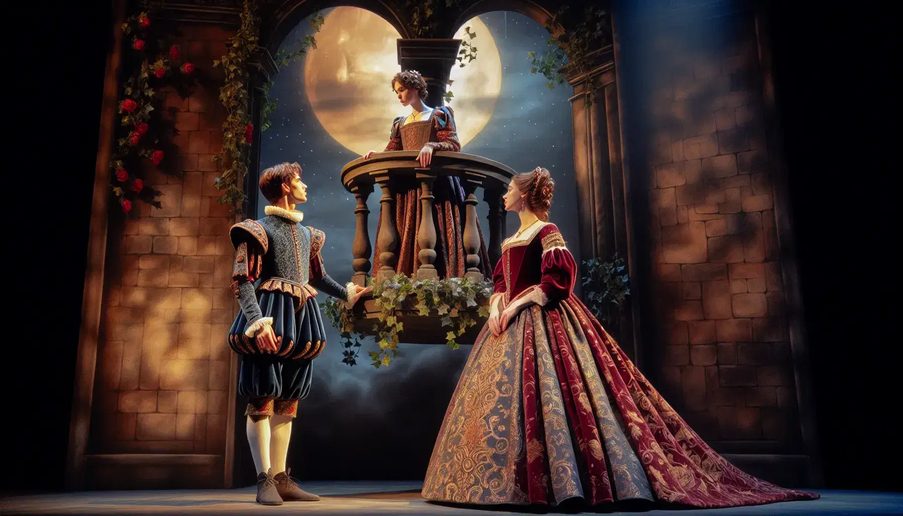Romantic scene from a theater performance with two actors in Elizabethan costumes, one on a fake balcony and the other looking at him affectionately.