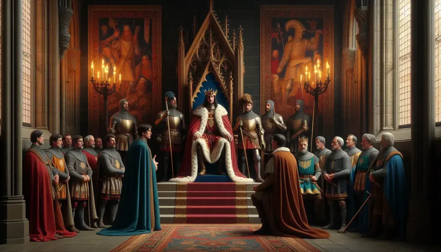 Scena medievale in sala del trono con re in mantello rosso, consiglieri, guardie armate, arazzi e vetrate colorate.