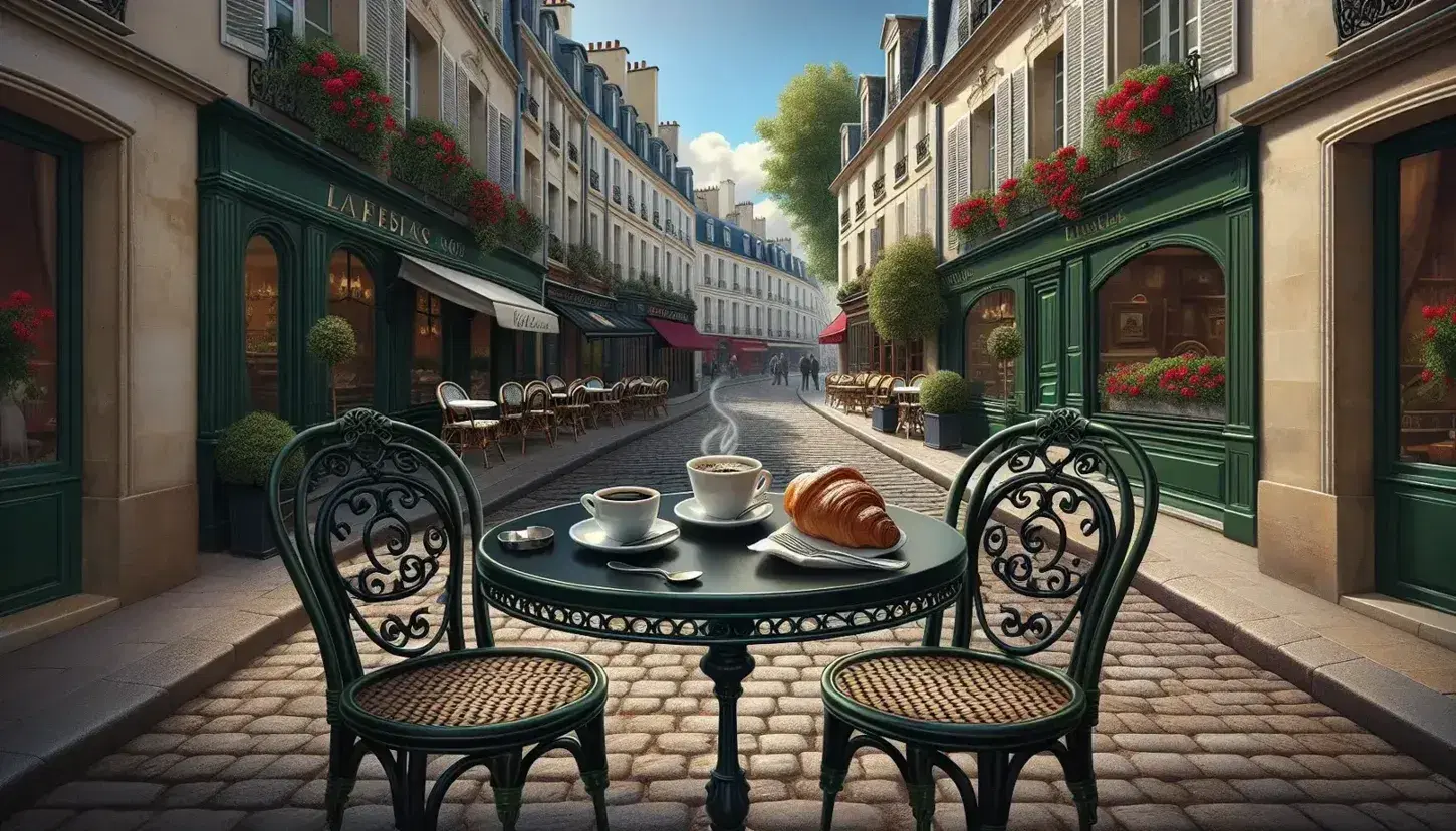 Classic French café scene with a green wrought iron table, a coffee cup with steam, a croissant, and a cobblestone street lined with quaint buildings.